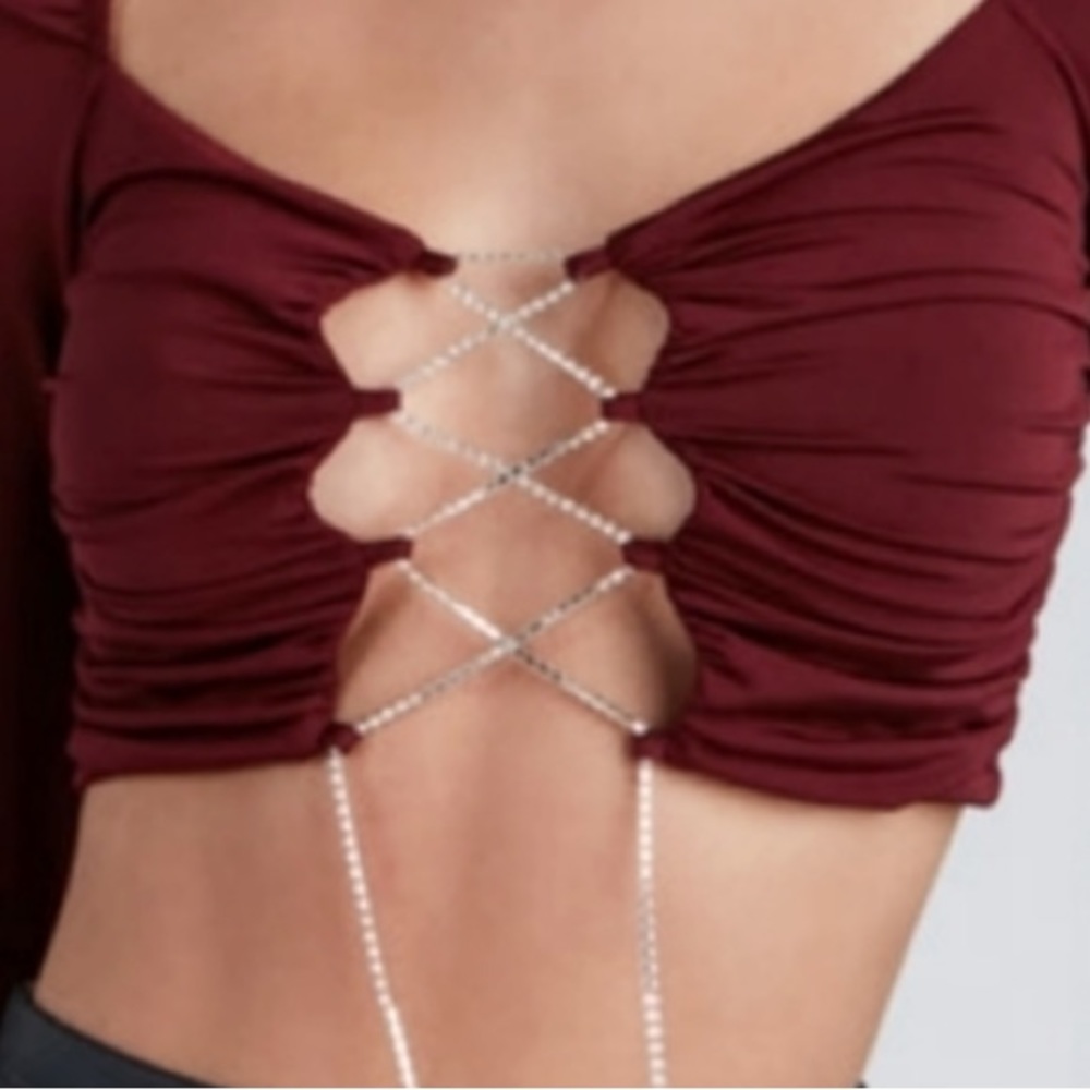 Windsor Plum Lace-Up Crop top Rhinestone tie Size XS